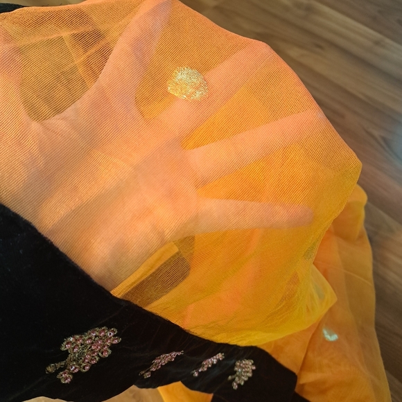 Black Beaded Velvet Orange Sheer Ethnic Indian Sari Bohemian Outfit Set - Picture 7 of 8